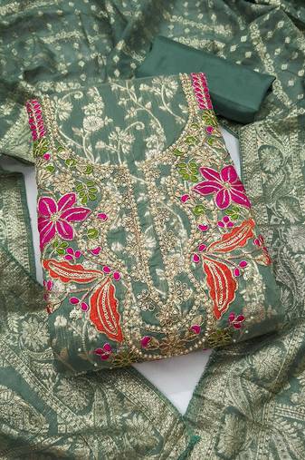 green unstitched weaving handwork with woven dupatta banarasi modal silk blend dress material