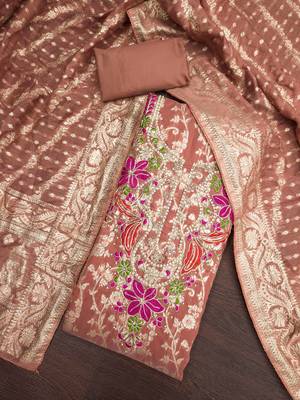 rust unstitched weaving handwork with woven dupatta banarasi modal silk blend dress material 4