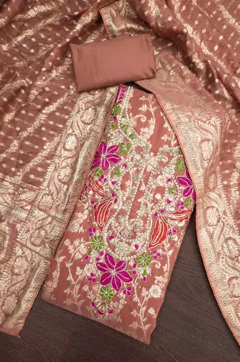 rust unstitched weaving handwork with woven dupatta banarasi modal silk blend dress material