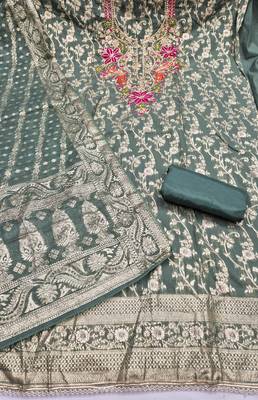 green unstitched weaving handwork with woven dupatta banarasi modal silk blend dress material 2