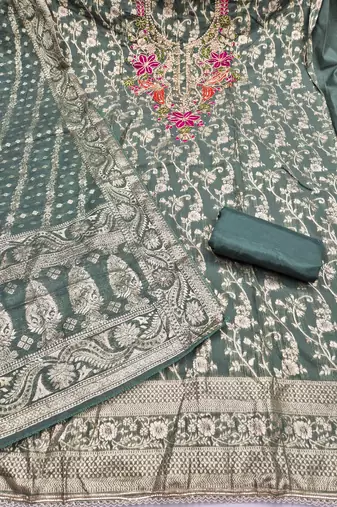 green unstitched weaving handwork with woven dupatta banarasi modal silk blend dress material