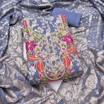 dusty blue unstitched weaving handwork with woven dupatta banarasi modal silk blend dress material 1