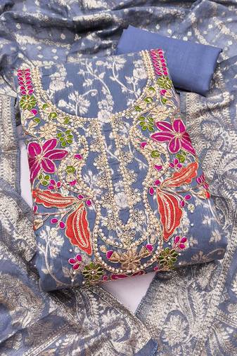 dusty blue unstitched weaving handwork with woven dupatta banarasi modal silk blend dress material