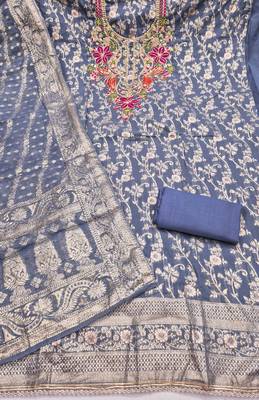 dusty blue unstitched weaving handwork with woven dupatta banarasi modal silk blend dress material 2