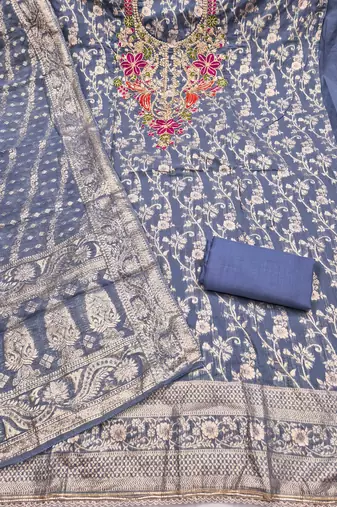 dusty blue unstitched weaving handwork with woven dupatta banarasi modal silk blend dress material