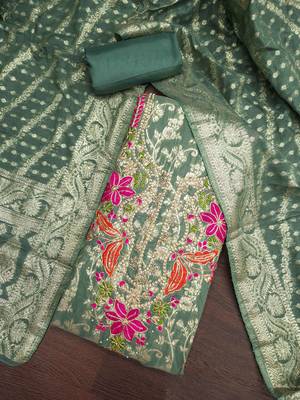 green unstitched weaving handwork with woven dupatta banarasi modal silk blend dress material 4