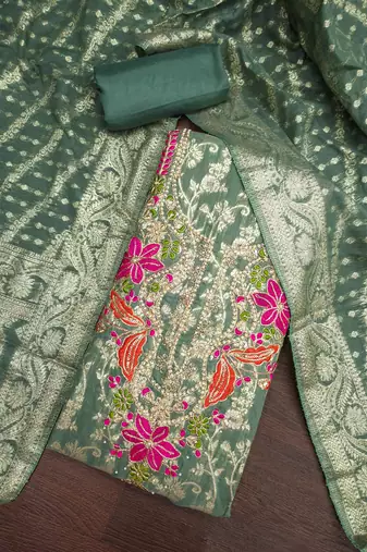 green unstitched weaving handwork with woven dupatta banarasi modal silk blend dress material