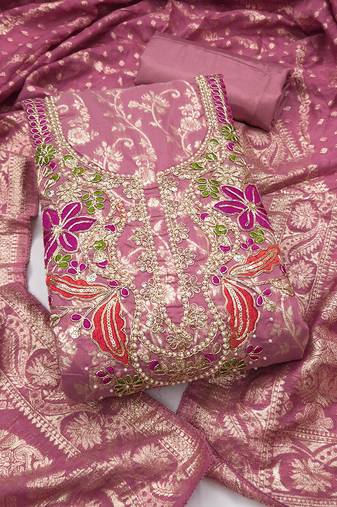 dusty rose unstitched weaving handwork with woven dupatta banarasi modal silk blend dress material