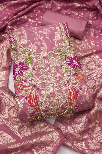 dusty rose unstitched weaving handwork with woven dupatta banarasi modal silk blend dress material