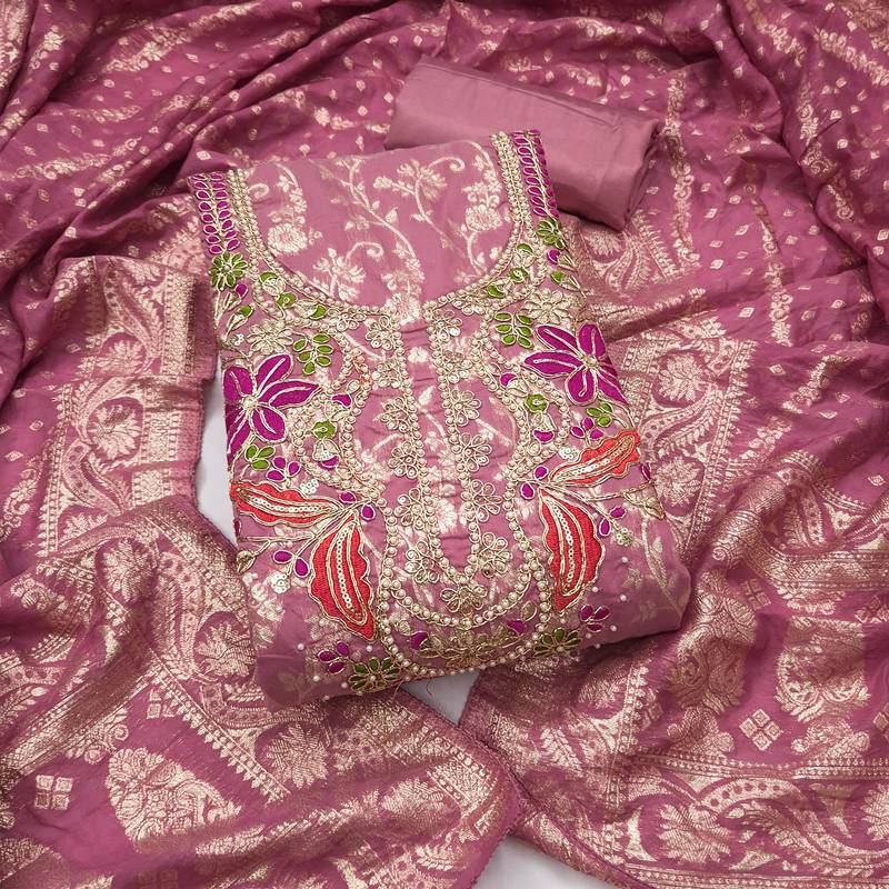 dusty rose unstitched weaving handwork with woven dupatta banarasi modal silk blend dress material