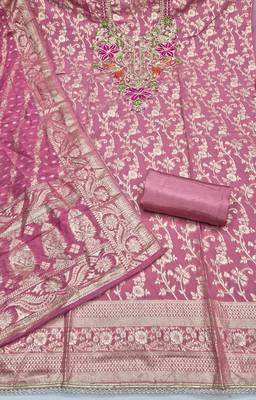 dusty rose unstitched weaving handwork with woven dupatta banarasi modal silk blend dress material 2
