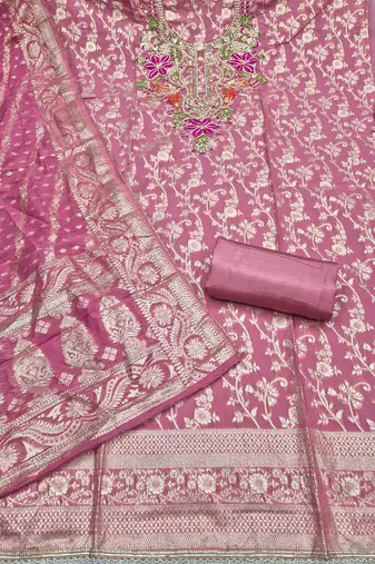dusty rose unstitched weaving handwork with woven dupatta banarasi modal silk blend dress material
