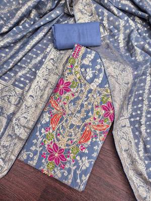 dusty blue unstitched weaving handwork with woven dupatta banarasi modal silk blend dress material 4