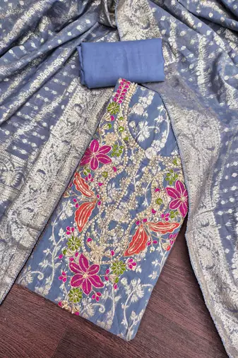dusty blue unstitched weaving handwork with woven dupatta banarasi modal silk blend dress material