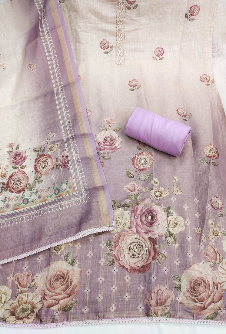 multi unstitched shimmer print handwork with printed dupatta linen dress material