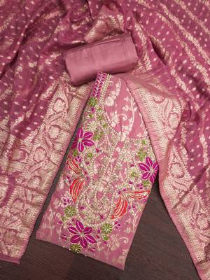 dusty rose unstitched weaving handwork with woven dupatta banarasi modal silk blend dress material 4