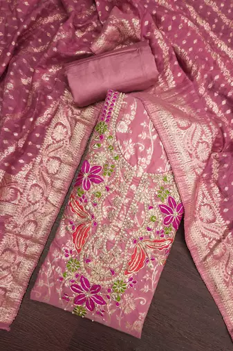 dusty rose unstitched weaving handwork with woven dupatta banarasi modal silk blend dress material