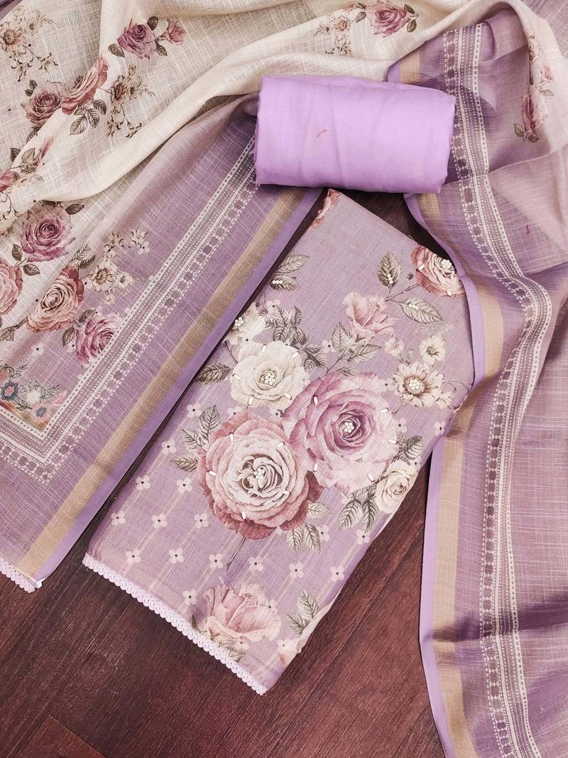 multi unstitched shimmer print handwork with printed dupatta linen dress material