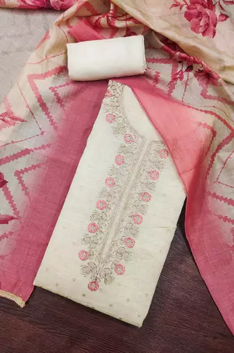 multi unstitched weaving handwork with digital printed dupatta modal butti chanderi dress material