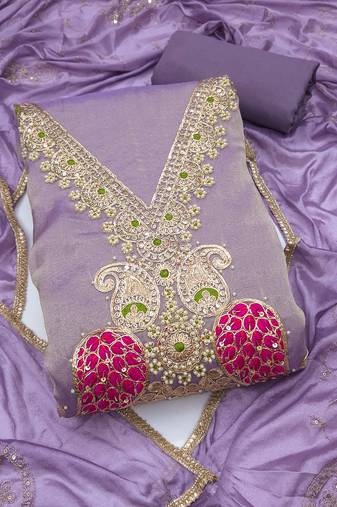 lavender unstitched beads work with embroidered dupatta viscose salsa dress material