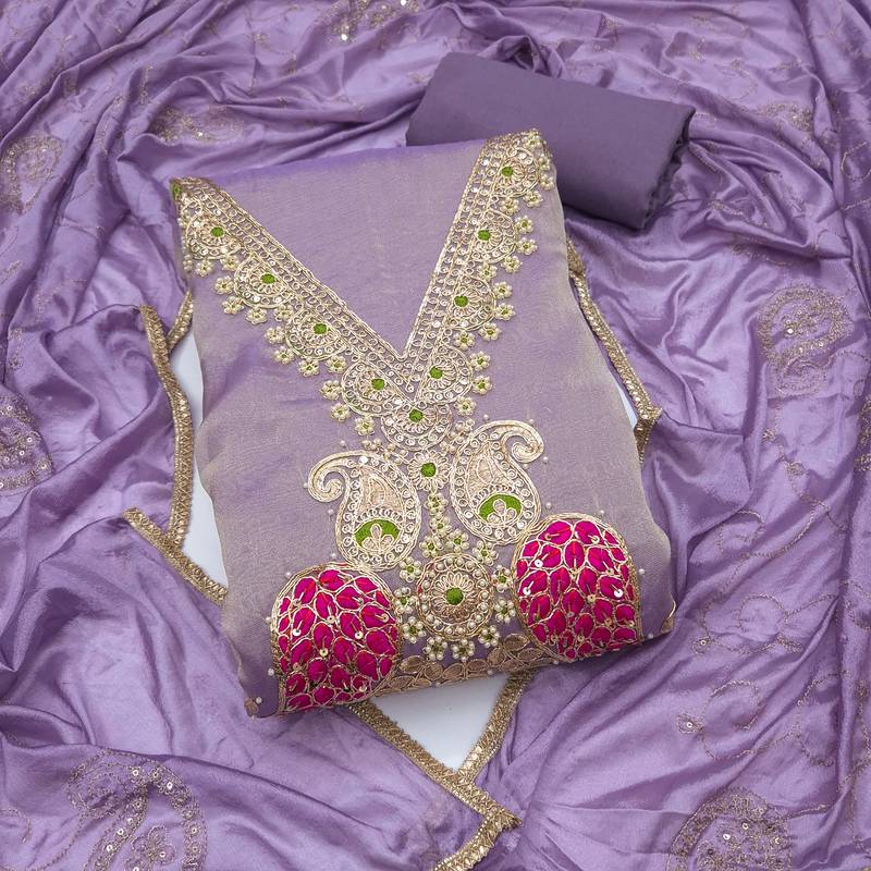 lavender unstitched beads work with embroidered dupatta viscose salsa dress material