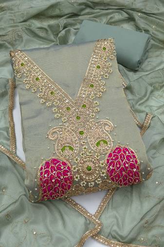 light green unstitched beads work with embroidered dupatta viscose salsa dress material