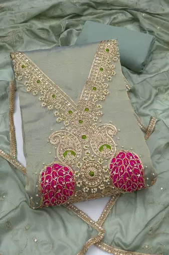 light green unstitched beads work with embroidered dupatta viscose salsa dress material