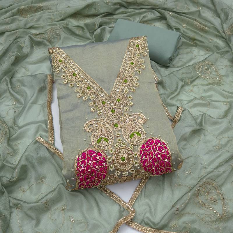 light green unstitched beads work with embroidered dupatta viscose salsa dress material