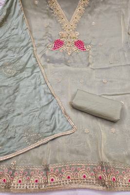 light green unstitched beads work with embroidered dupatta viscose salsa dress material 2