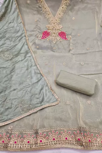 light green unstitched beads work with embroidered dupatta viscose salsa dress material