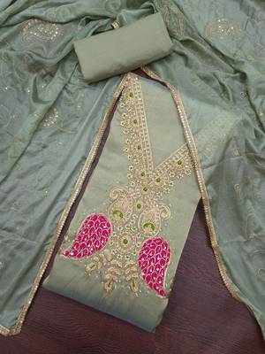 light green unstitched beads work with embroidered dupatta viscose salsa dress material 4