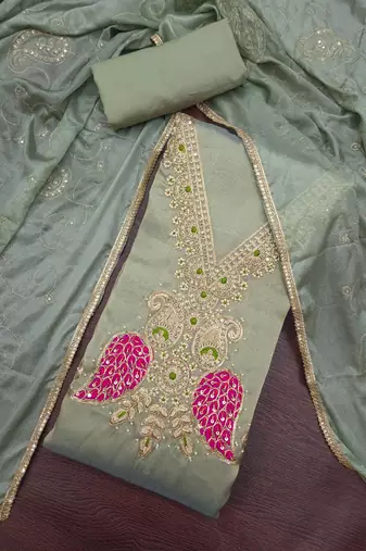 light green unstitched beads work with embroidered dupatta viscose salsa dress material