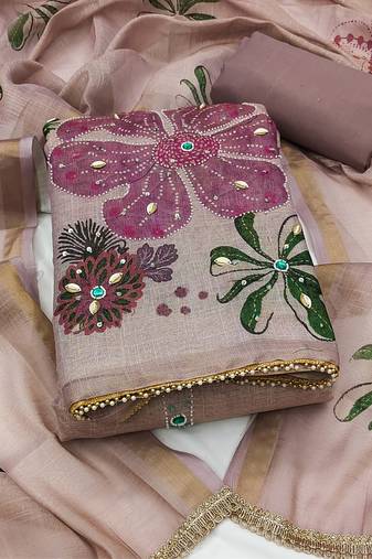 multi unstitched shimmer print handwork with printed dupatta linen dress material