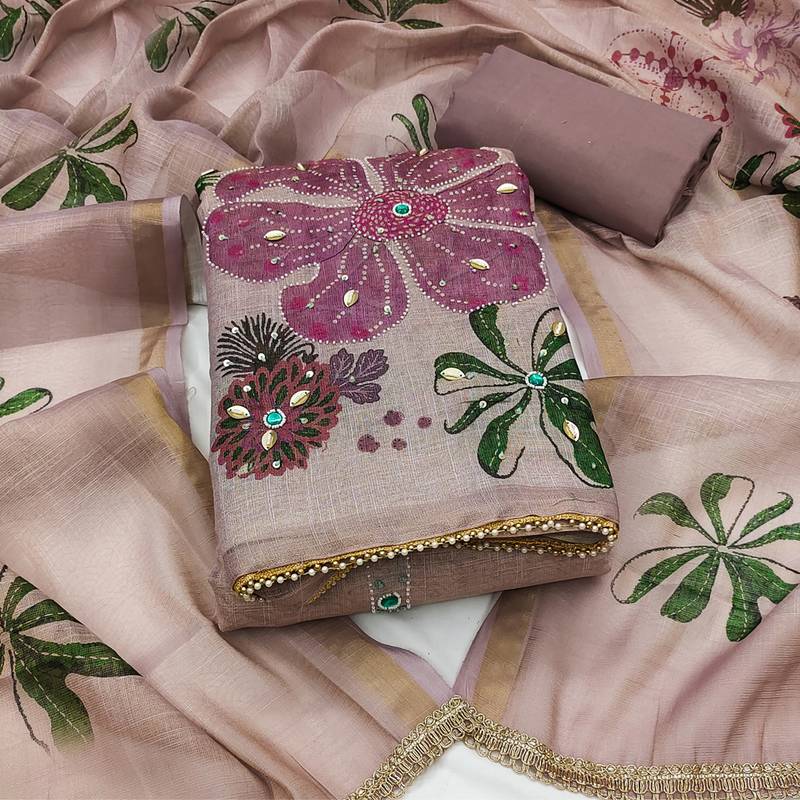 multi unstitched shimmer print handwork with printed dupatta linen dress material