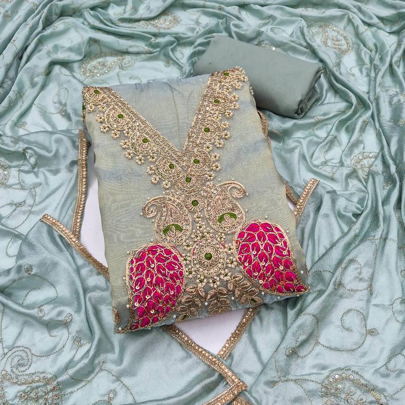 sea green unstitched beads work with embroidered dupatta viscose salsa dress material