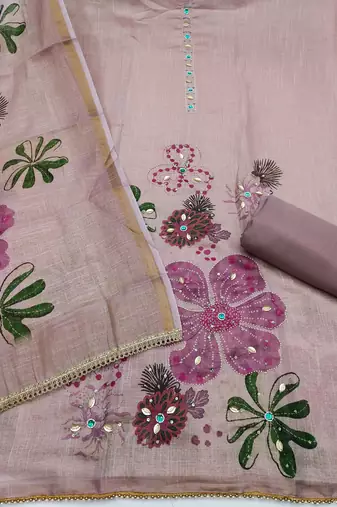 multi unstitched shimmer print handwork with printed dupatta linen dress material