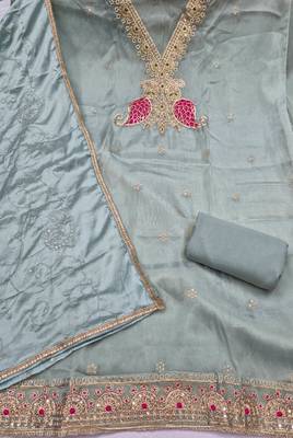sea green unstitched beads work with embroidered dupatta viscose salsa dress material 2