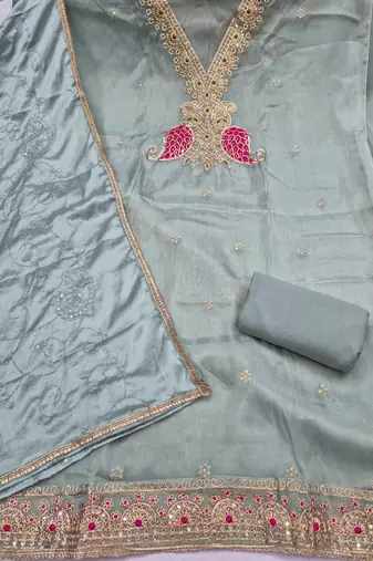 sea green unstitched beads work with embroidered dupatta viscose salsa dress material