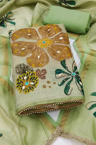 multi unstitched shimmer print handwork with printed dupatta linen dress material