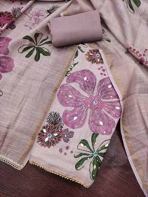 multi unstitched shimmer print handwork with printed dupatta linen dress material 4