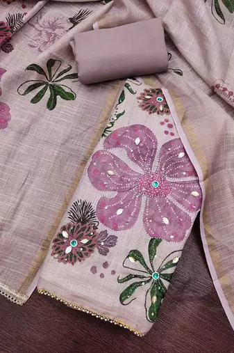 multi unstitched shimmer print handwork with printed dupatta linen dress material