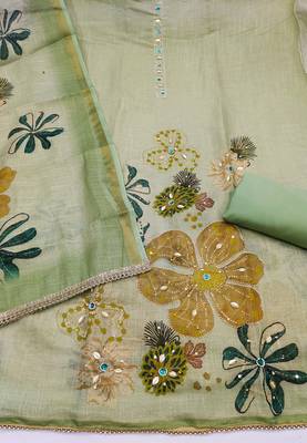 multi unstitched shimmer print handwork with printed dupatta linen dress material 2