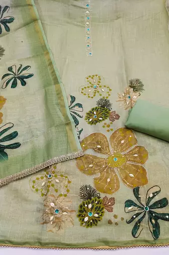 multi unstitched shimmer print handwork with printed dupatta linen dress material