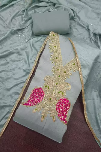 sea green unstitched beads work with embroidered dupatta viscose salsa dress material