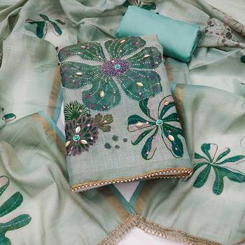 multi unstitched shimmer print handwork with printed dupatta linen dress material 1