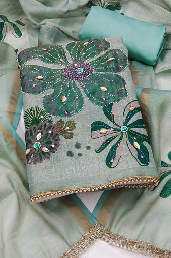 multi unstitched shimmer print handwork with printed dupatta linen dress material