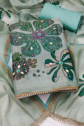 multi unstitched shimmer print handwork with printed dupatta linen dress material