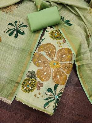 multi unstitched shimmer print handwork with printed dupatta linen dress material 4
