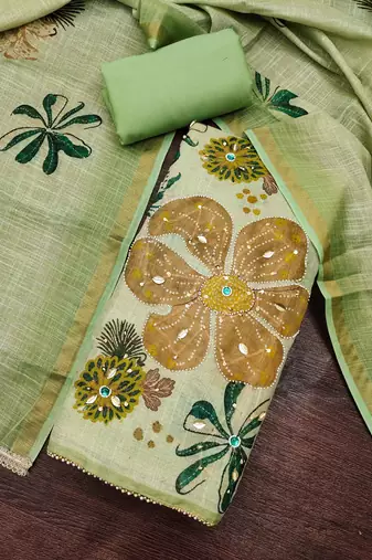 multi unstitched shimmer print handwork with printed dupatta linen dress material