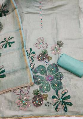 multi unstitched shimmer print handwork with printed dupatta linen dress material 2